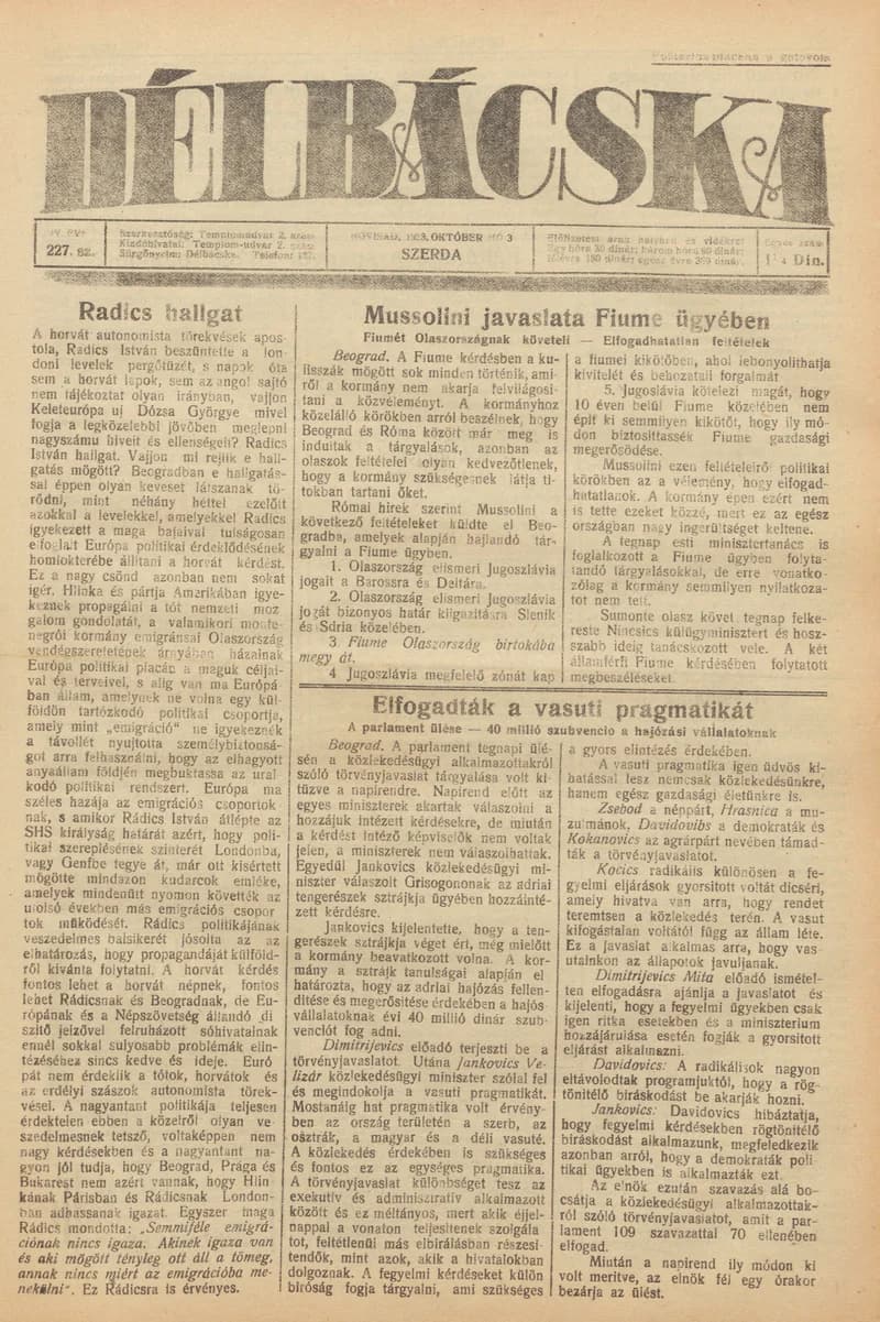 Délbácska, 4. évf. 1923. október 3. 227. sz.