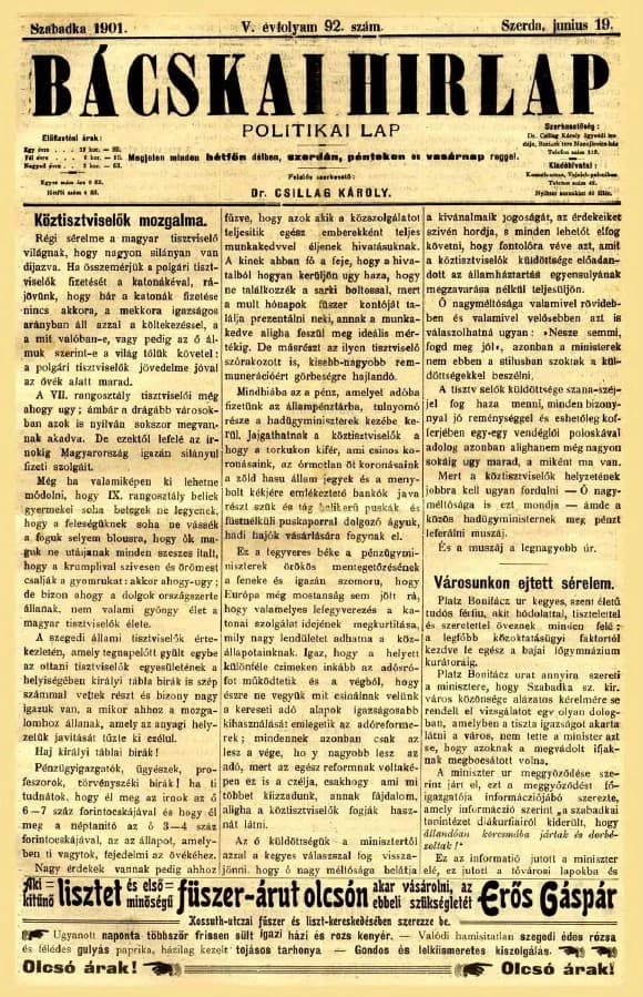 Bácskai Hirlap, 5. évf. 1901. június 19. 92. sz.