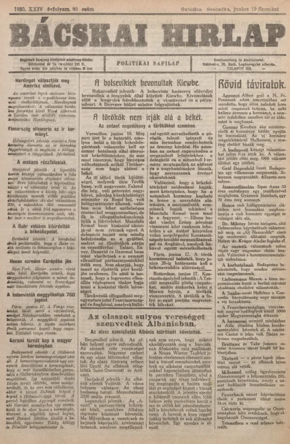 Bácskai Hirlap, 24. évf. 1920. június 19. 92. sz.