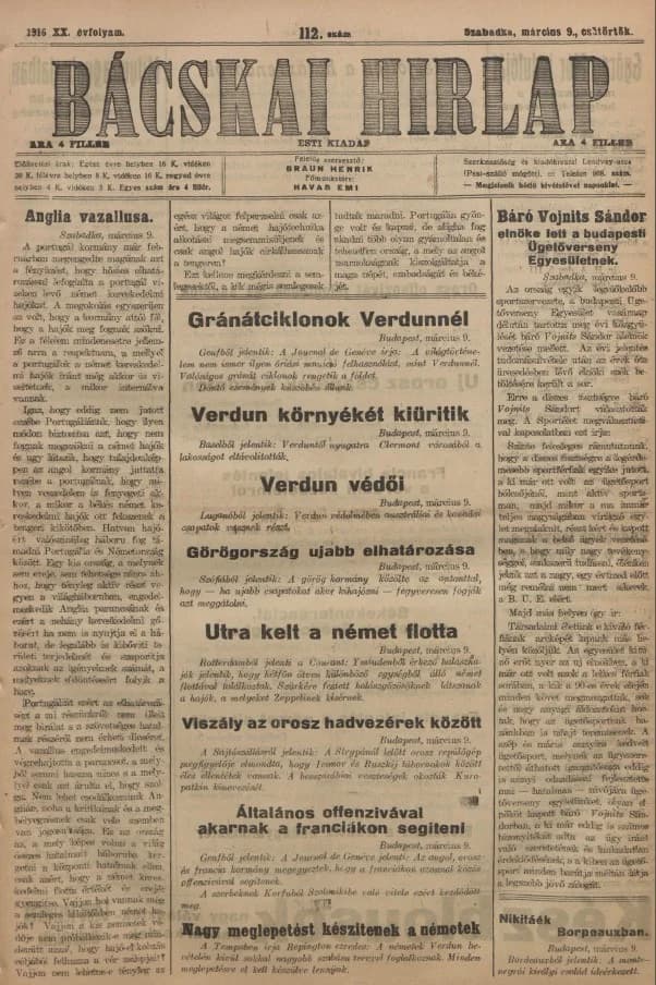 Bácskai Hirlap, 20. évf. 1916. március 9. 112. sz.