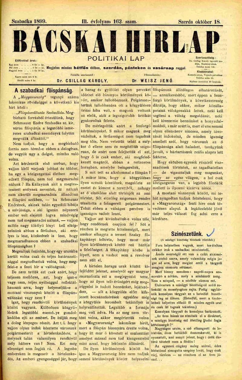 Bácskai Hirlap, 3. évf. 1899. október 18. 162. sz.