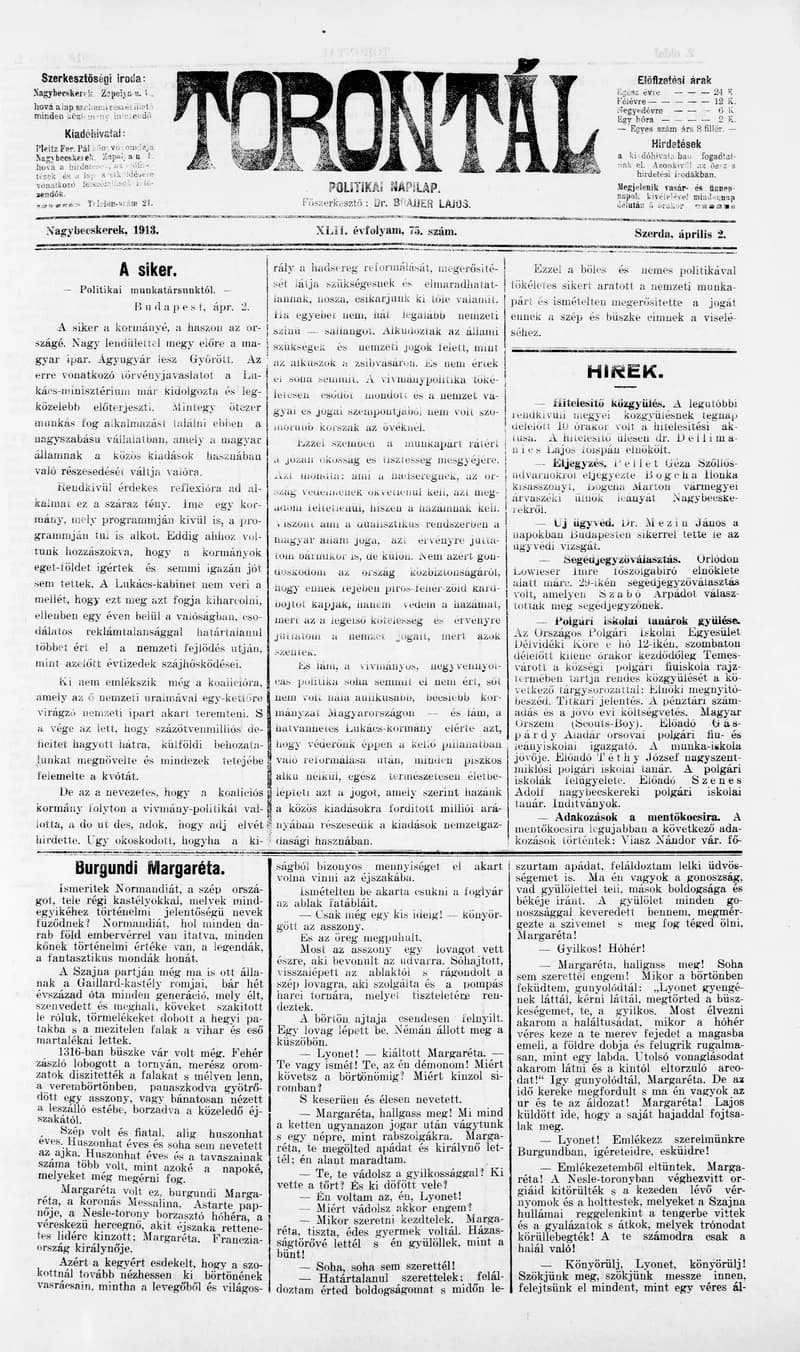 Torontál, 42. évf. 1913. április 2. 75. sz.