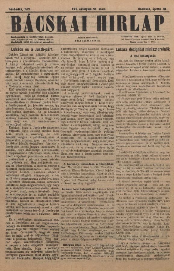 Bácskai Hirlap, 16. évf. 1912. április 20. 90. sz.