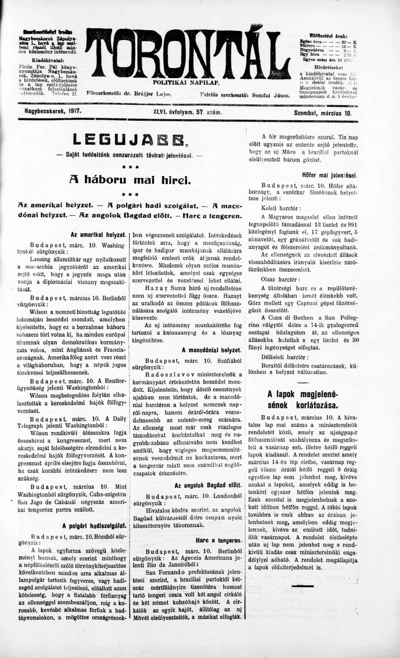 Torontál, 46. évf. 1917. március 10. 57. sz.