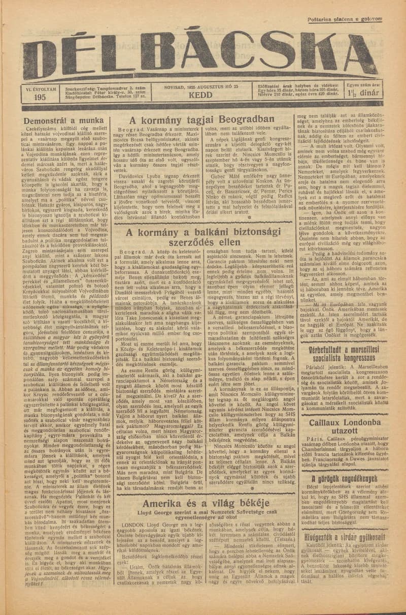 Délbácska, 6. évf. 1925. augusztus 25. 195. sz.