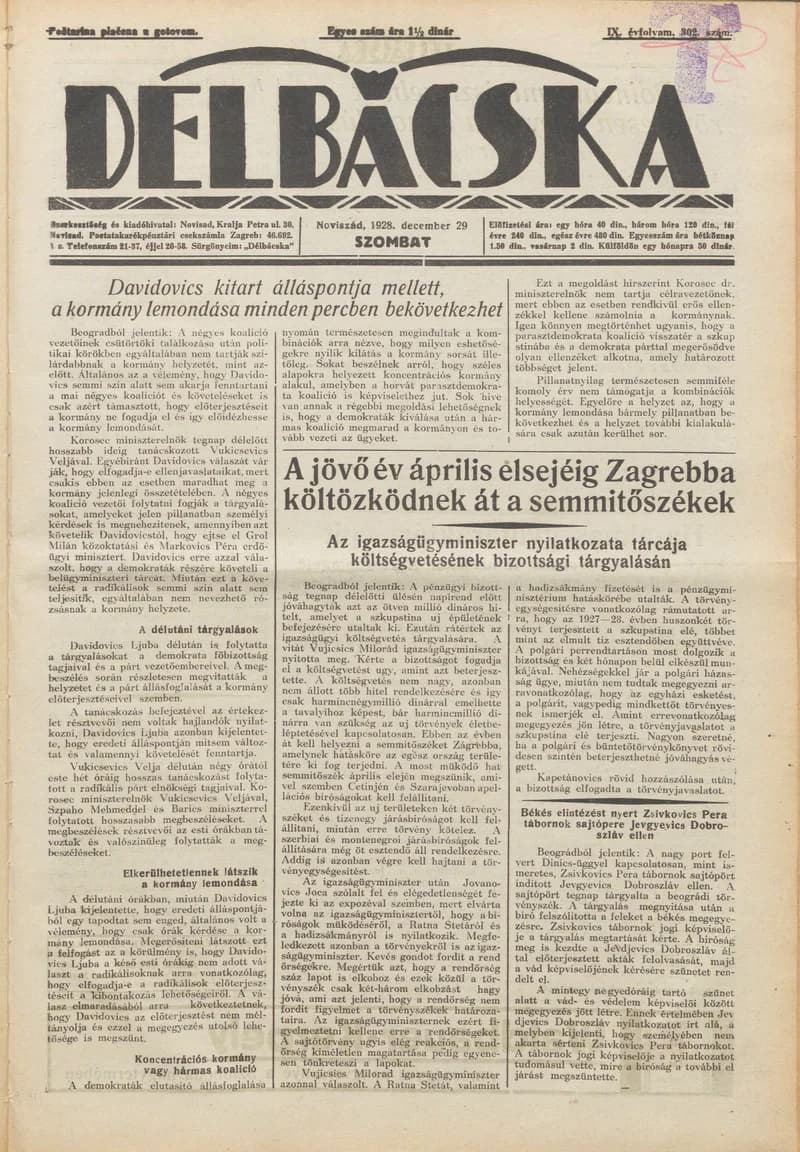 Délbácska, 9. évf. 1928. december 29. 302. sz.