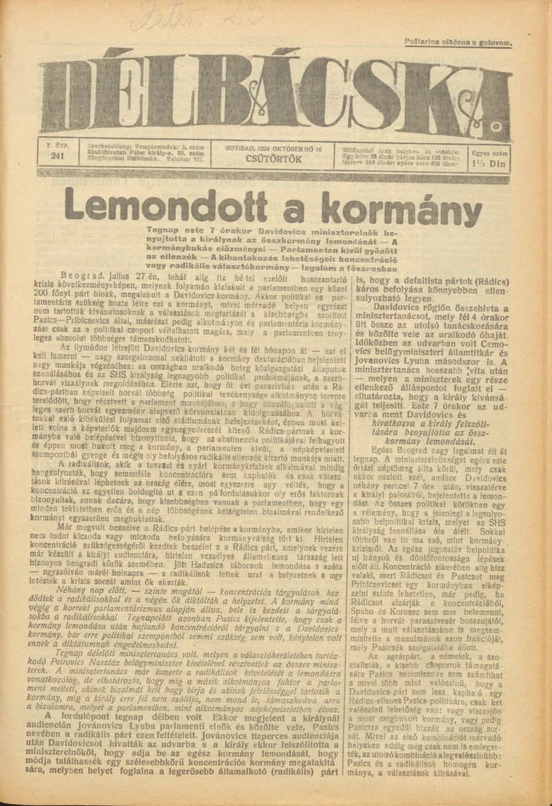 Délbácska, 5. évf. 1924. október 16. 241. sz.