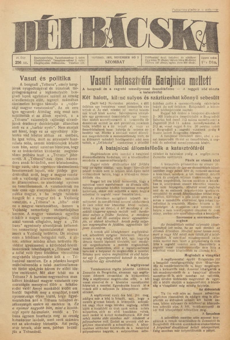 Délbácska, 4. évf. 1923. november 4. 254. sz.