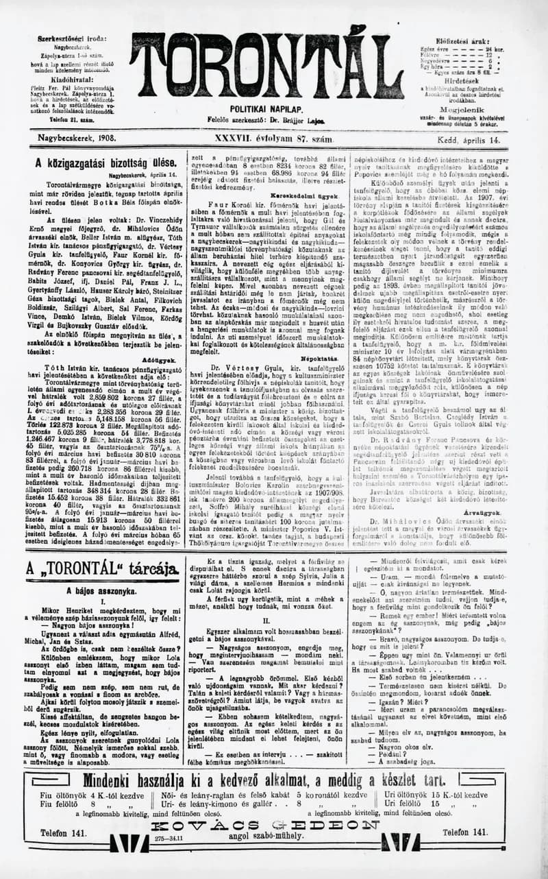 Torontál, 37. évf. 1908. április 14. 87. sz.