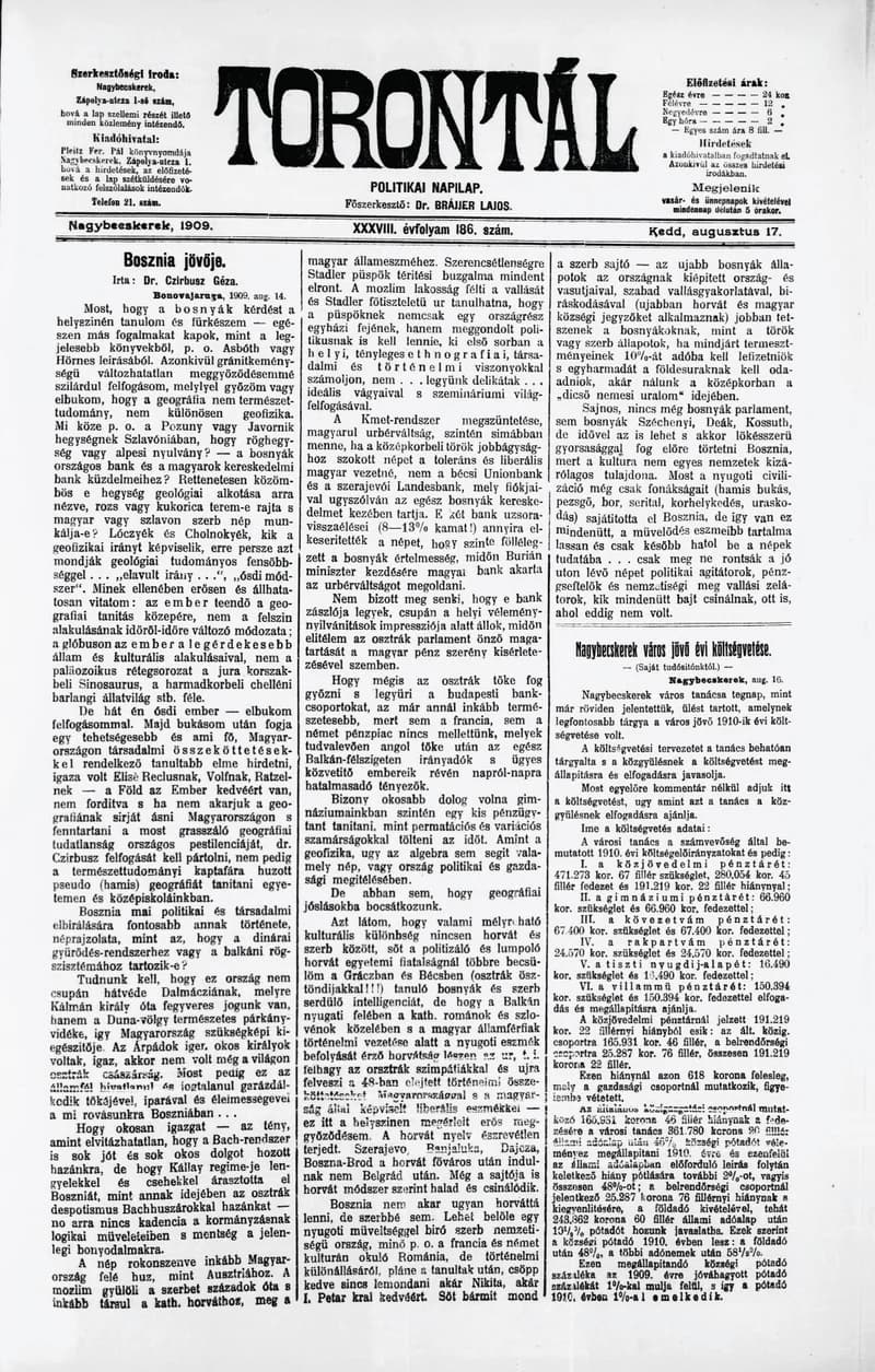 Torontál, 38. évf. 1909. augusztus 17. 186. sz.