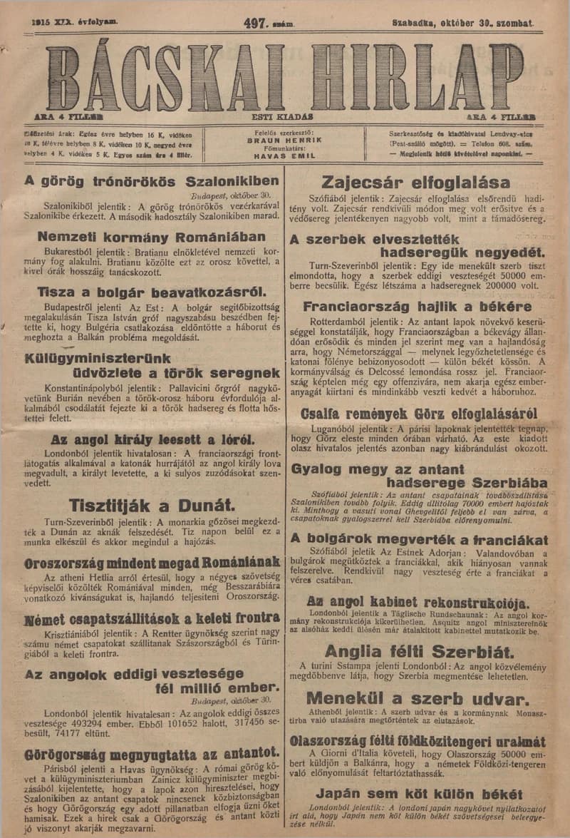 Bácskai Hirlap, 19. évf. 1915. október 30. 497. sz.
