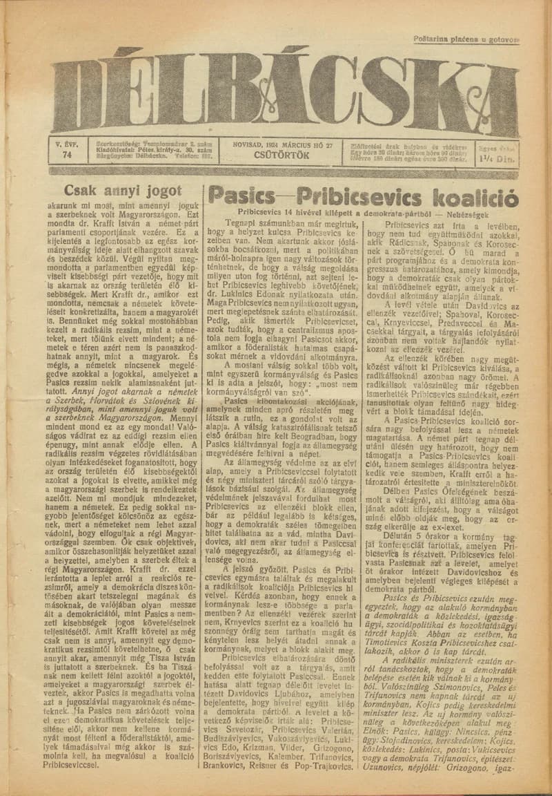 Délbácska, 5. évf. 1924. március 27. 74. sz.