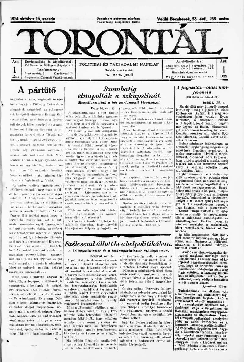Torontál, 53. évf. 1924. október 15. 236. sz.
