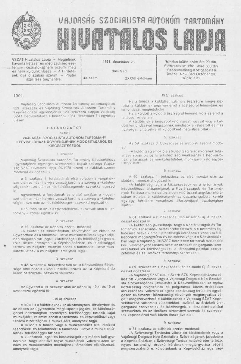 Vajdaság Szocialista Autonóm Tartomány Hivatalos Lapja, 37. évf. 1981. december 23. 33. sz.