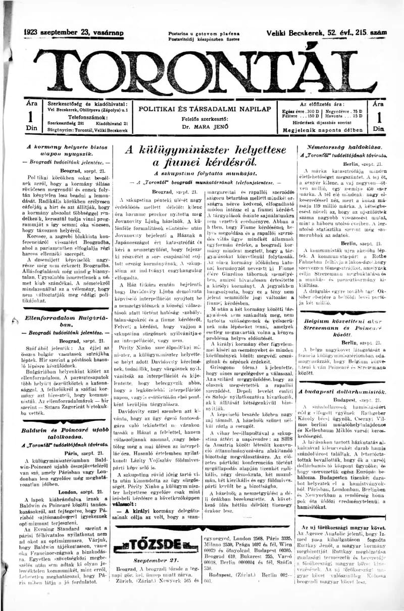 Torontál, 52. évf. 1923. szeptember 23. 215. sz.
