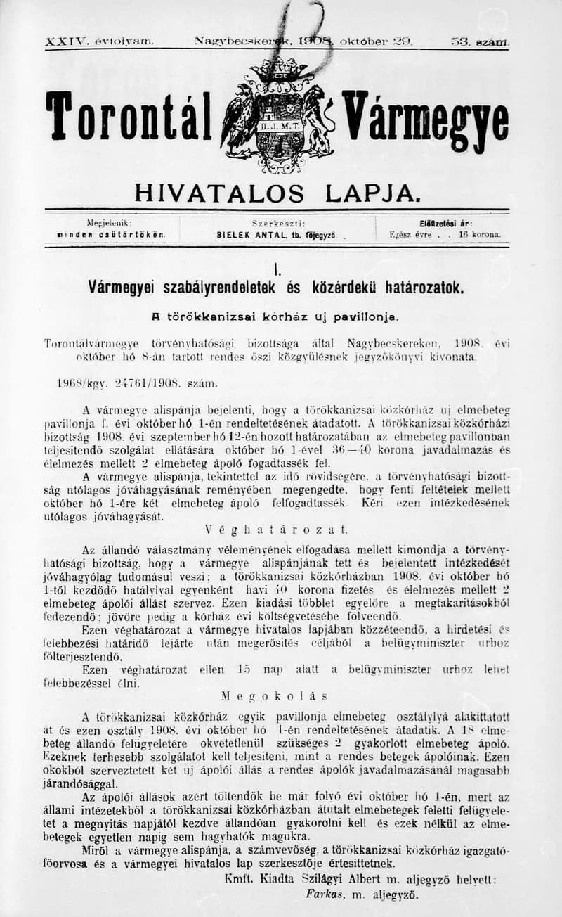 Torontál Vármegye Hivatalos Lapja, 24. évf. 1908. október 29. 53. sz.