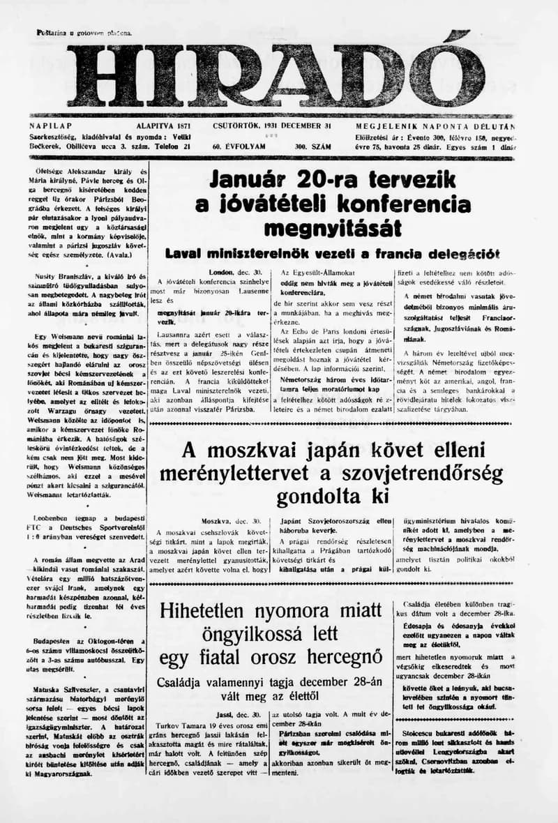 Híradó, 60. évf. 1931. december 31. 300. sz.