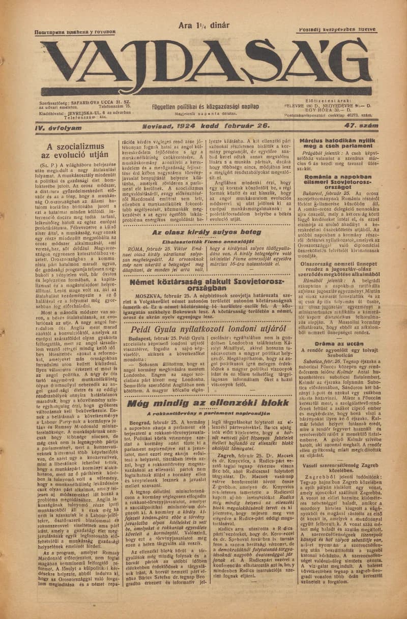 Vajdaság, 4. évf. 1924. február 26. 47. sz.