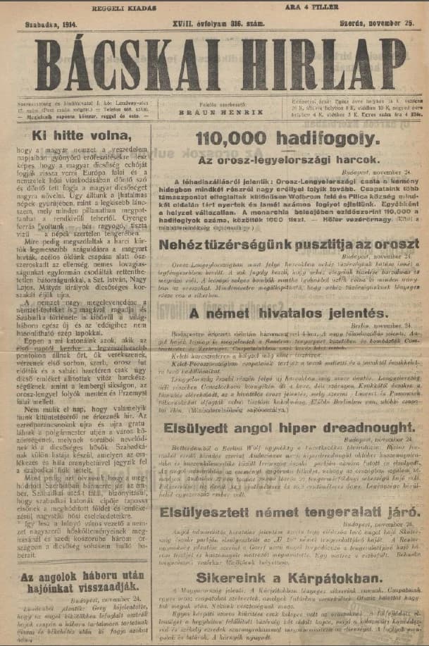 Bácskai Hirlap, 18. évf. 1914. november 25. 316. sz.
