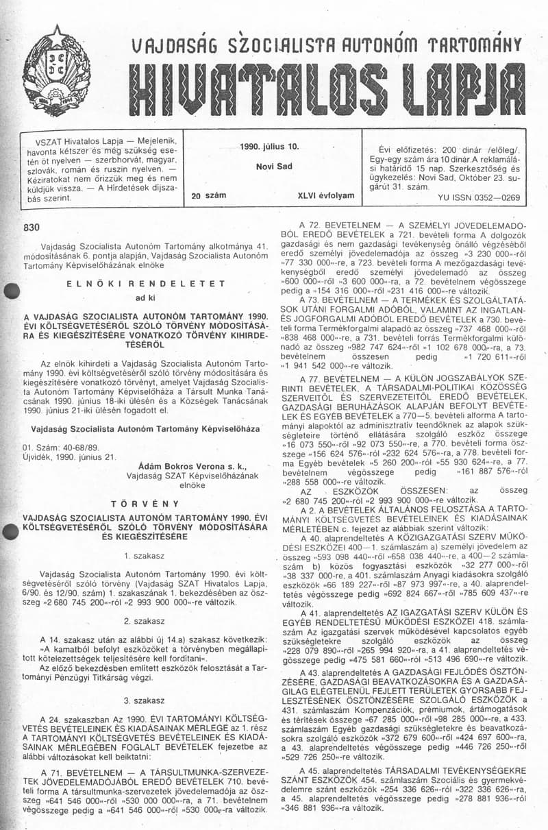 Vajdaság Szocialista Autonóm Tartomány Hivatalos Lapja, 46. évf. 1990. július 10. 20. sz.