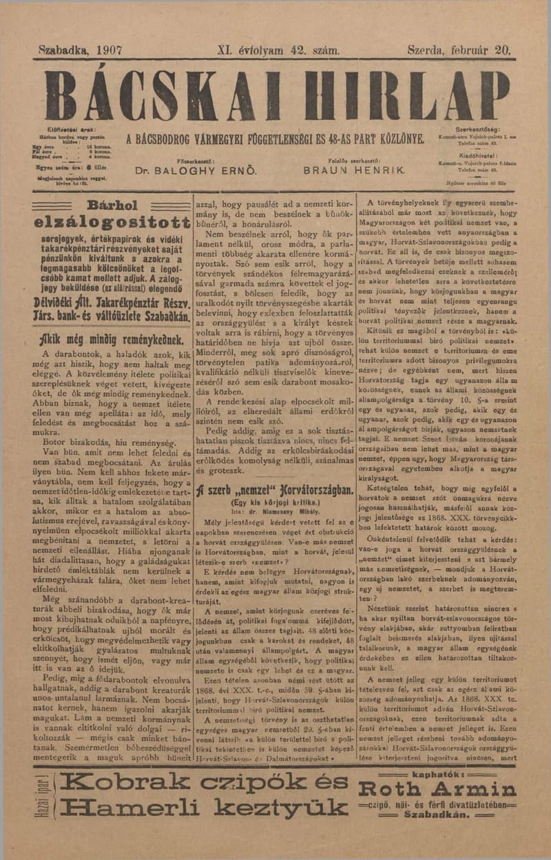 Bácskai Hirlap, 11. évf. 1907. február 20. 42. sz.
