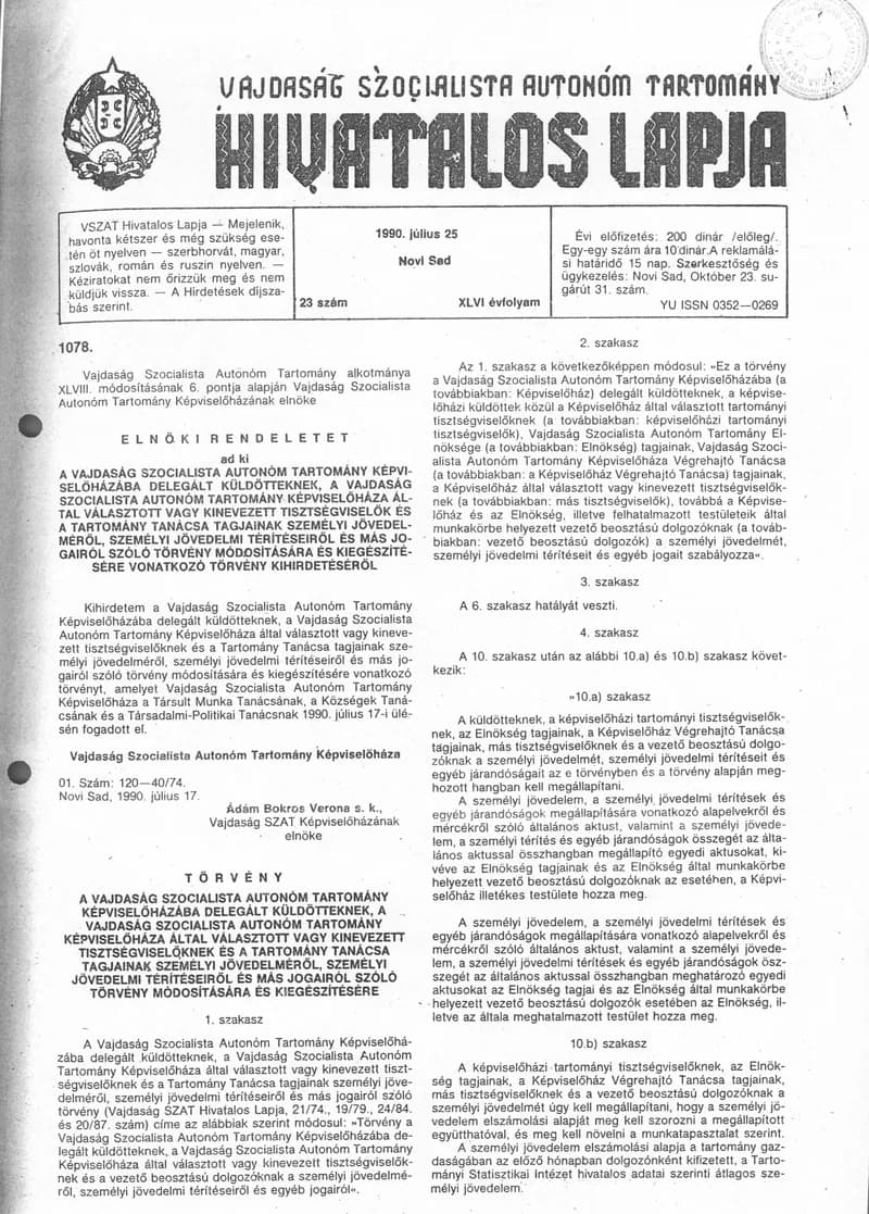 Vajdaság Szocialista Autonóm Tartomány Hivatalos Lapja, 46. évf. 1990. július 25. 23. sz.