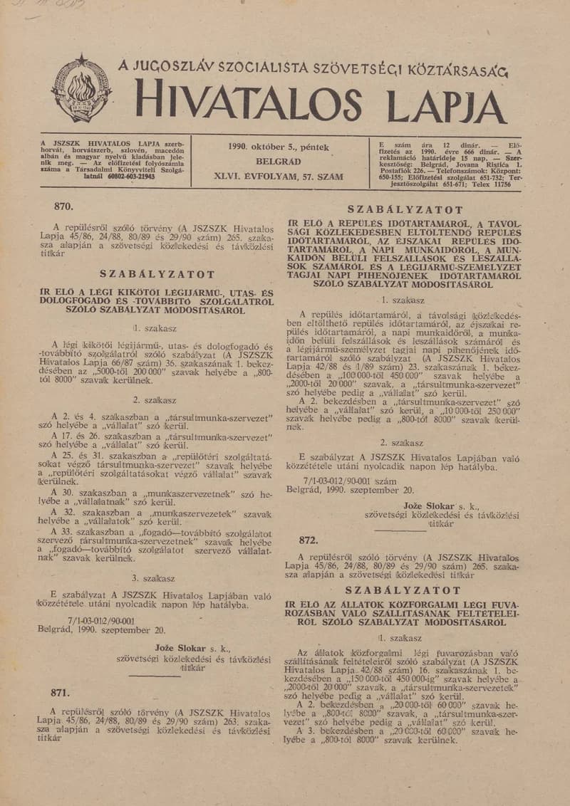 A Jugoszláv Szocialista Szövetségi Köztársaság Hivatalos Lapja, 46. évf. 1990. október 5. 57. sz. 1805–1824. oldal