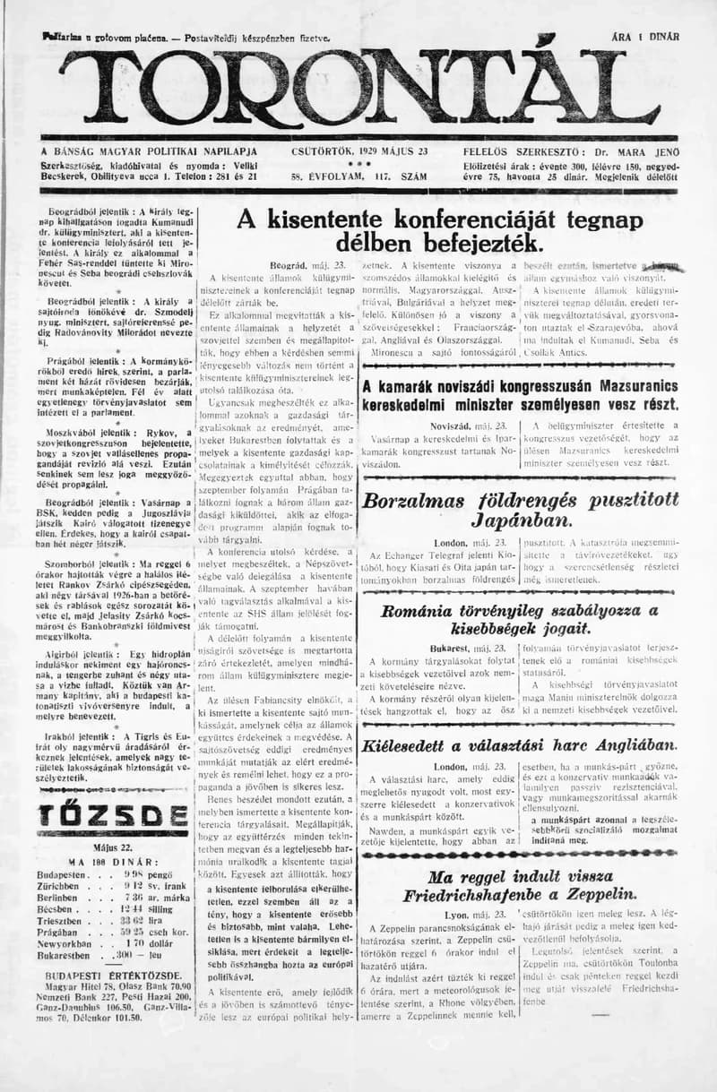 Torontál, 58. évf. 1929. május 23. 117. sz.