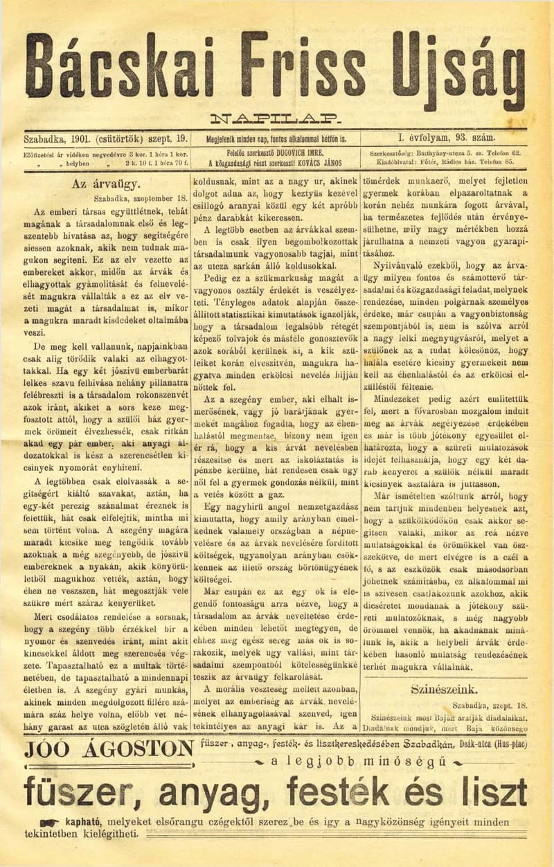 Bácskai Friss Ujság, 1. évf. 1901. szeptember 19. 93. sz.