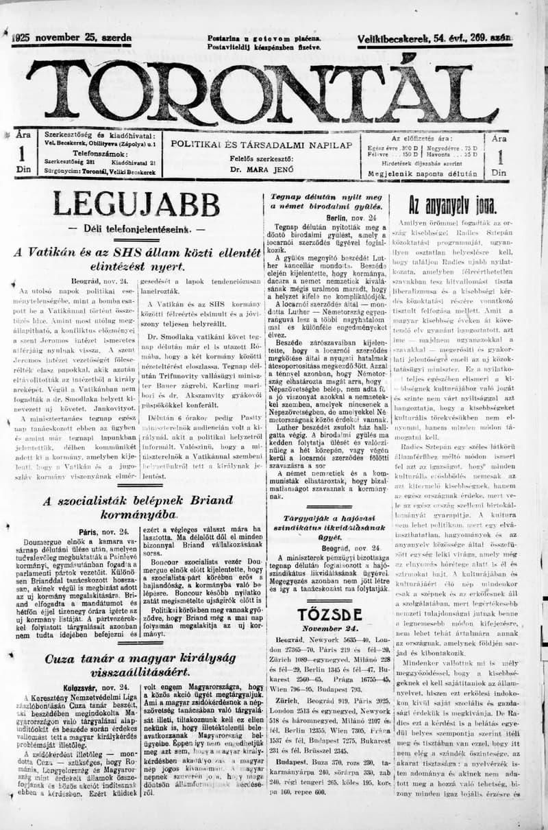 Torontál, 54. évf. 1925. november 25. 269. sz.
