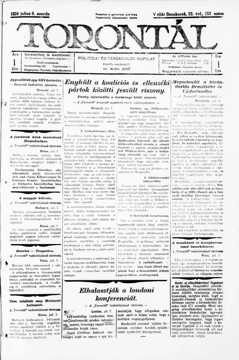 Torontál, 53. évf. 1924. július 9. 153. sz.