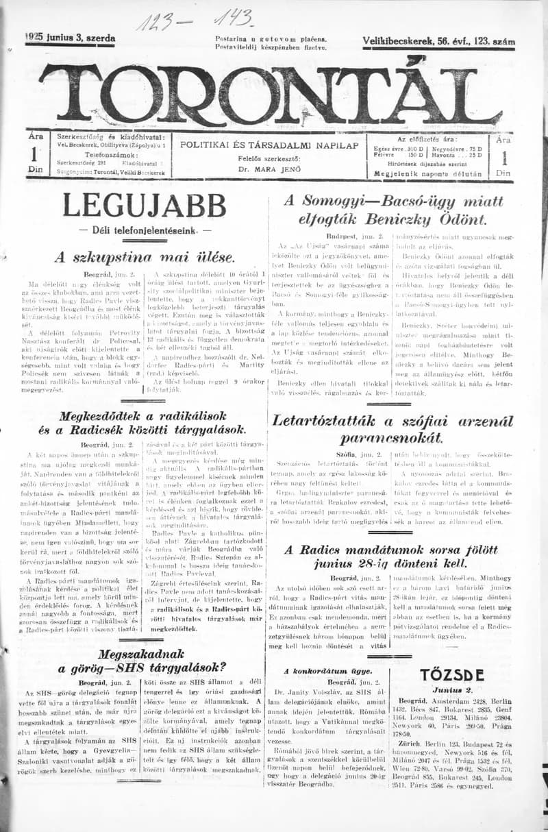 Torontál, 54. évf. 1925. június 3. 123. sz.