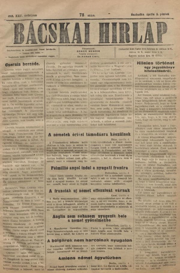 Bácskai Hirlap, 22. évf. 1918. április 5. 78. sz.