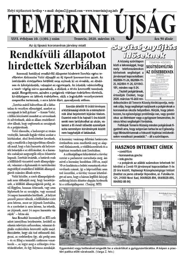 Temerini Újság, 26. évf. 2020. március 19. 11. sz.