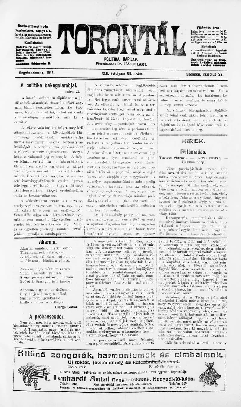 Torontál, 42. évf. 1913. március 22. 68. sz.