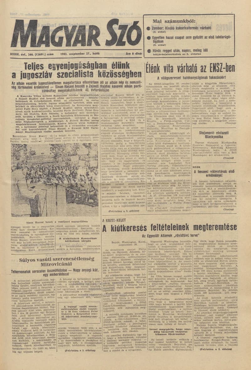 Magyar Szó, 39. évf. 1982. szeptember 27. 266. sz. 1–8. oldal