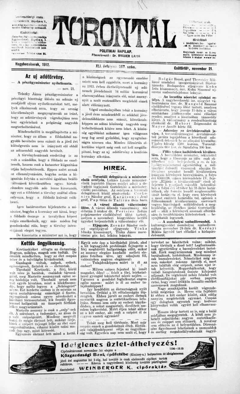 Torontál, 41. évf. 1912. november 21. 267. sz.