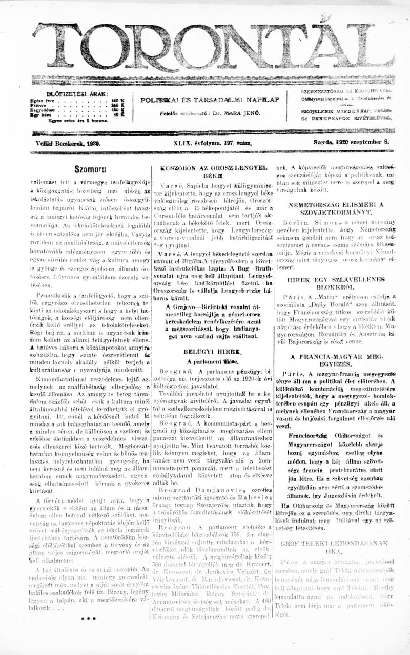 Torontál, 49. évf. 1920. szeptember 8. 197. sz.