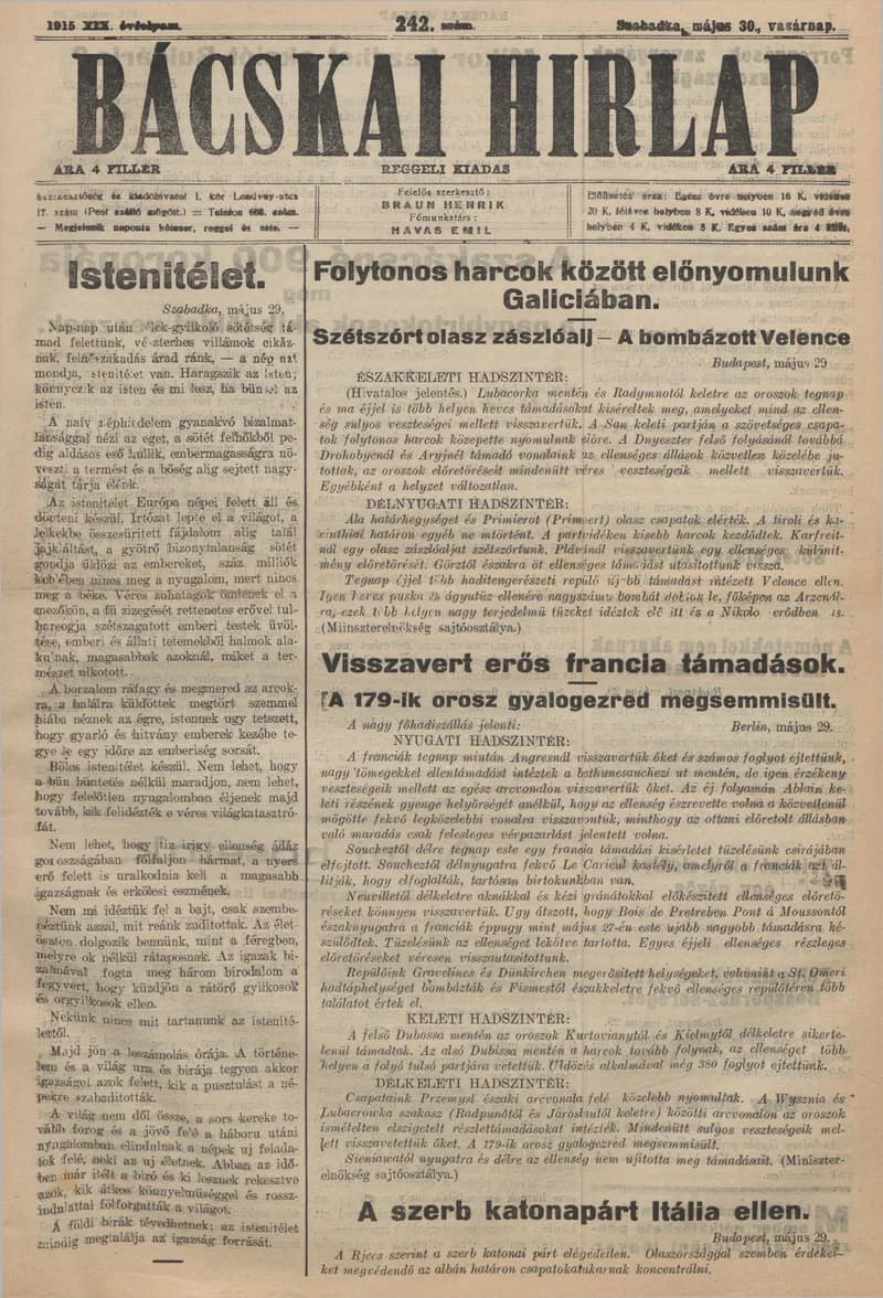 Bácskai Hirlap, 19. évf. 1915. május 30. 242. sz.