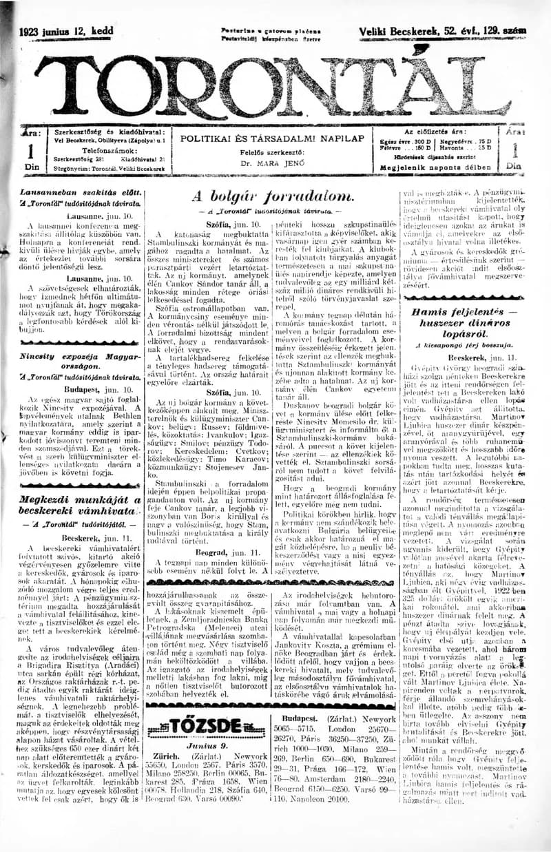 Torontál, 52. évf. 1923. június 12. 129. sz.