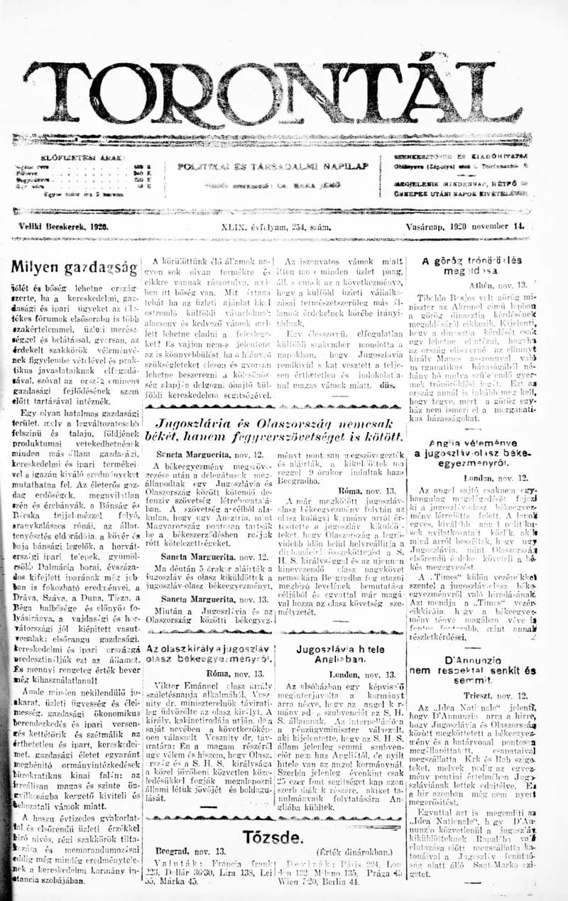 Torontál, 49. évf. 1920. november 14. 254. sz.