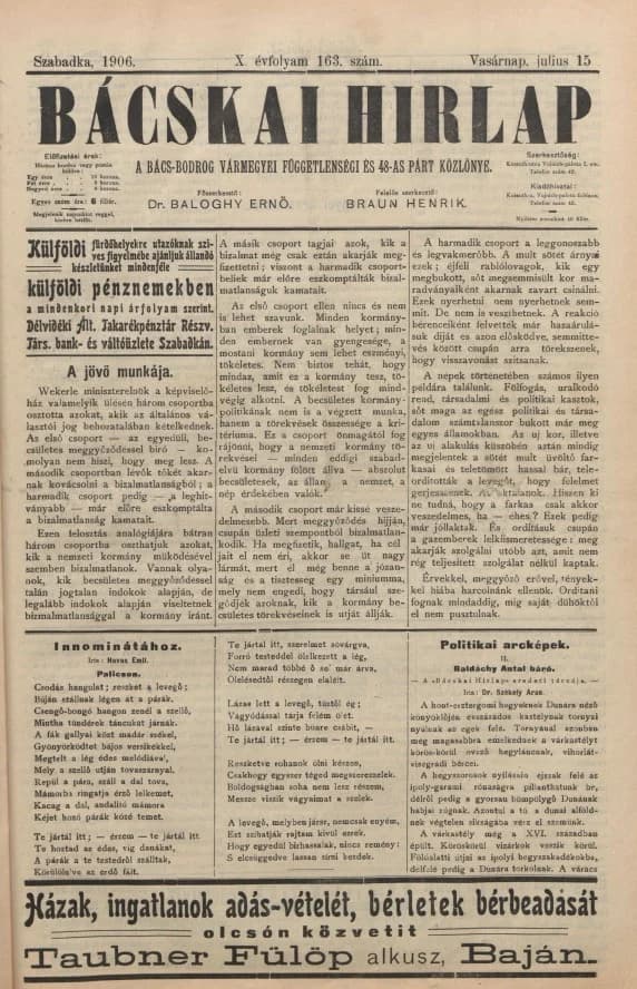 Bácskai Hirlap, 10. évf. 1906. július 15. 163. sz.