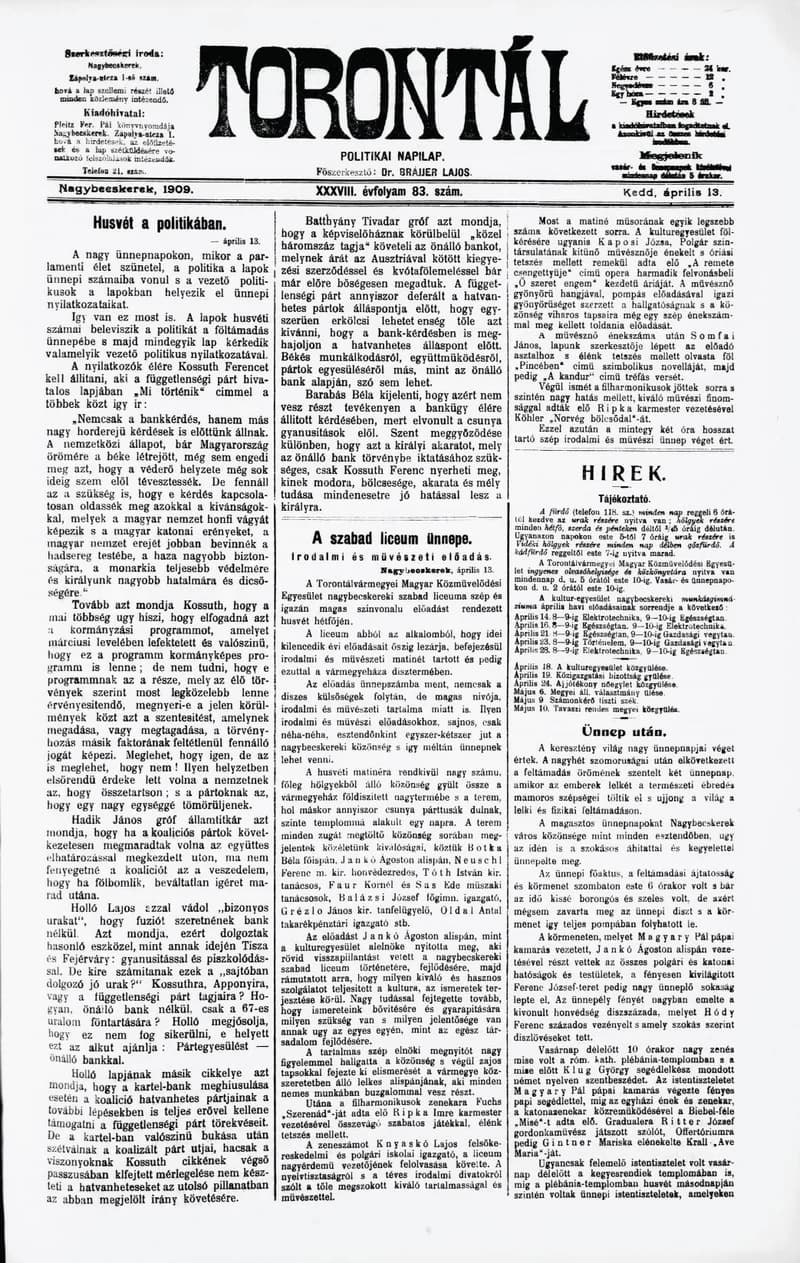 Torontál, 38. évf. 1909. április 13. 83. sz.