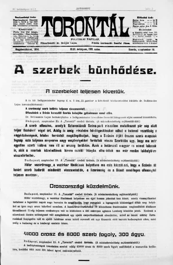 Torontál, 43. évf. 1914. szeptember 16. 209. sz.