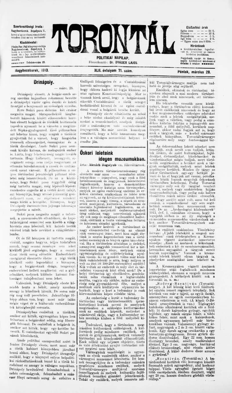 Torontál, 42. évf. 1913. március 28. 71. sz.