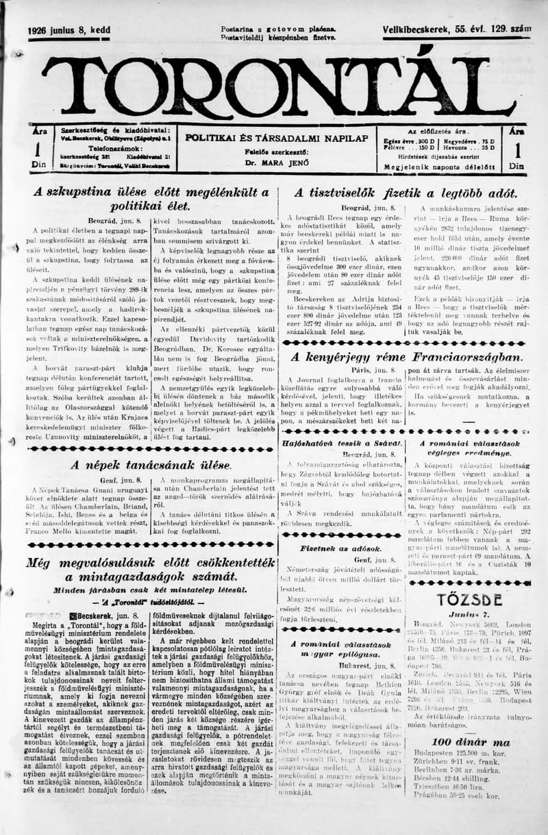 Torontál, 55. évf. 1926. június 8. 129. sz.