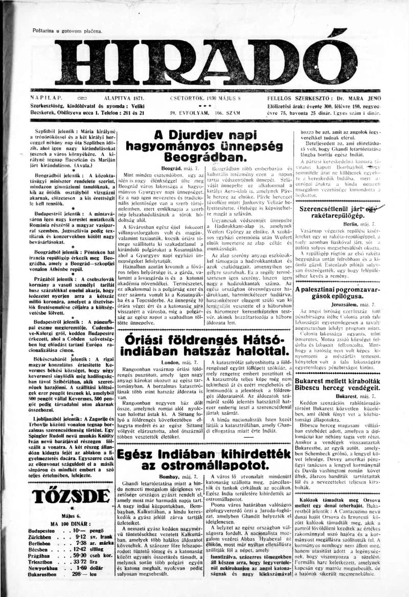 Híradó, 59. évf. 1930. május 8. 106. sz.