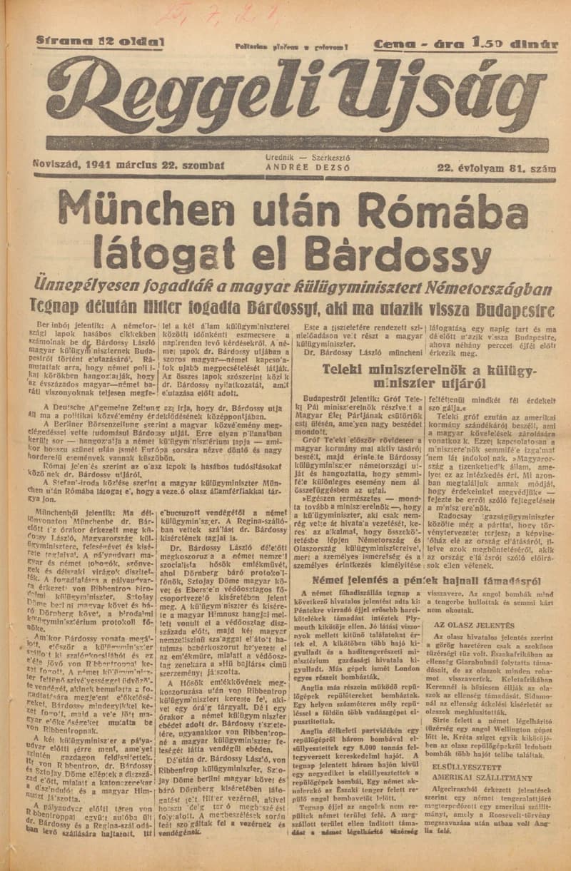 Reggeli Újság, 22. évf. 1941. március 22. 81. sz.