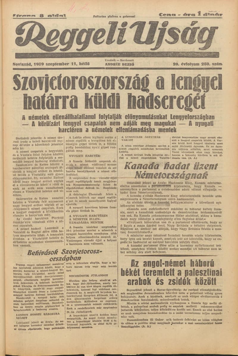 Reggeli Újság, 20. évf. 1939. szeptember 11. 250. sz.