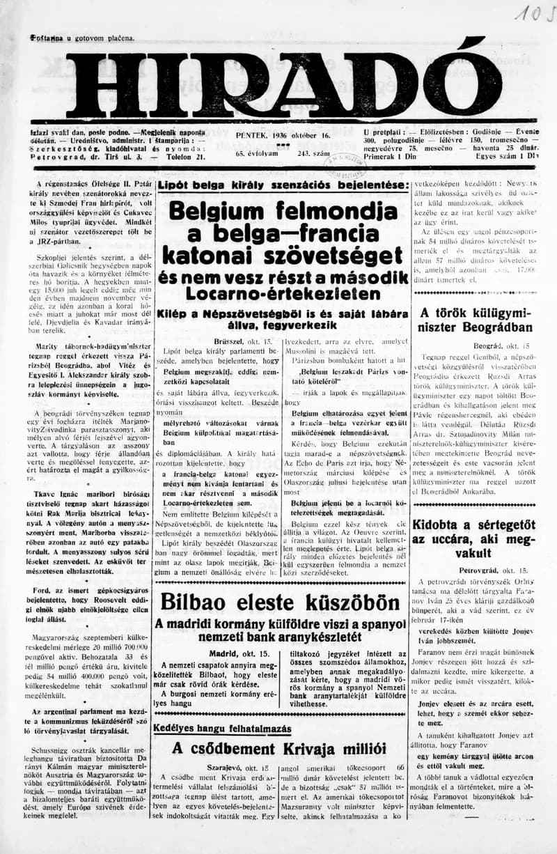 Híradó, 65. évf. 1936. október 16. 243. sz.